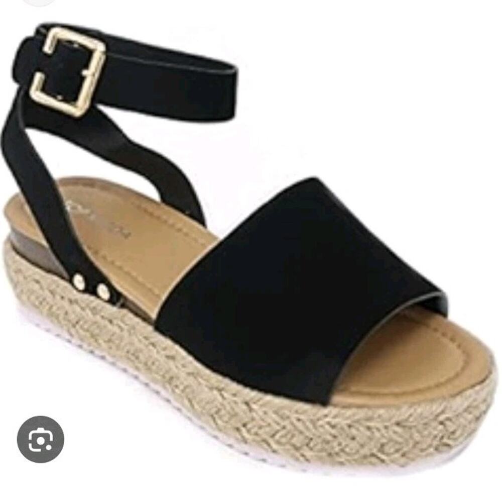 Top Moda Jute Ankle Strap Sandals Black Beige Size 8 Espadrille